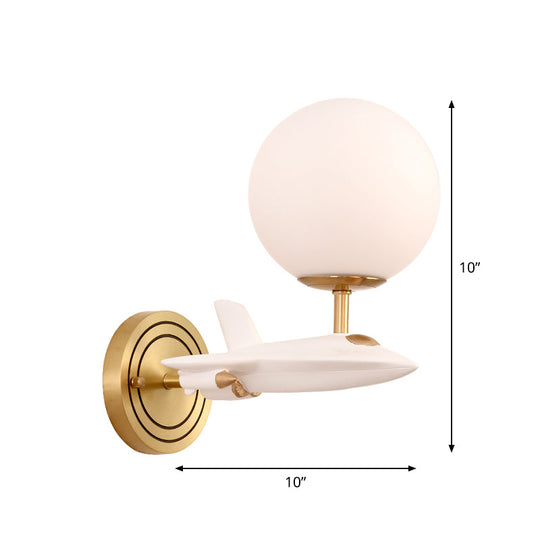 Gold Spaceship Wall Sconce with Cream Glass Globe for Kids Room - 1/2 Bulb Fixture in White & Gold