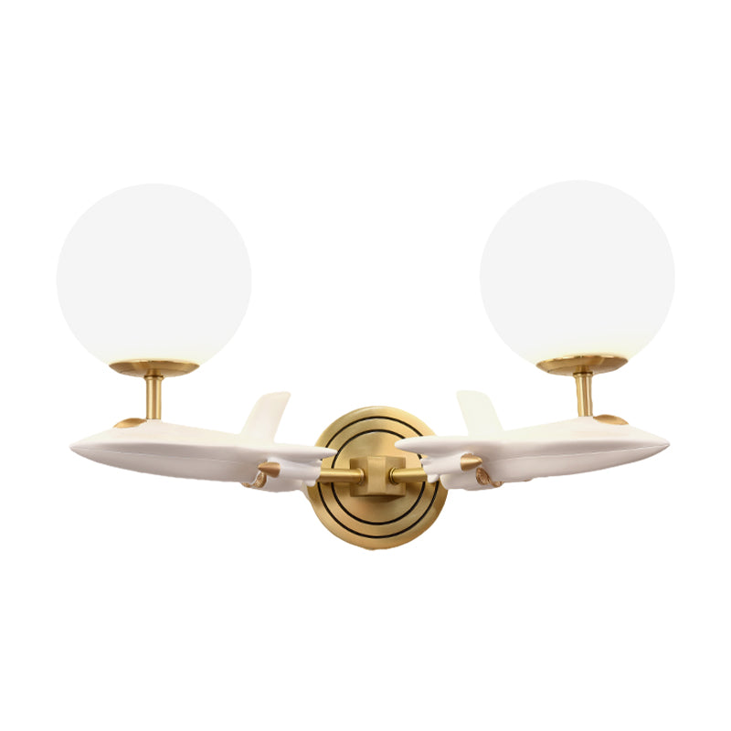 Gold Spaceship Wall Sconce with Cream Glass Globe for Kids Room - 1/2 Bulb Fixture in White & Gold