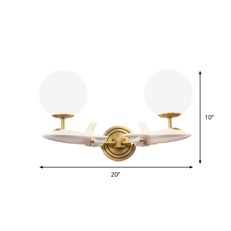 Gold Spaceship Wall Sconce with Cream Glass Globe for Kids Room - 1/2 Bulb Fixture in White & Gold