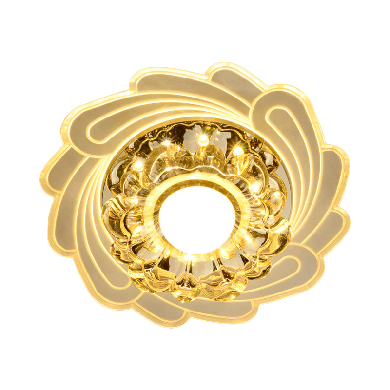 Simplicity LED Floral Crystal Ceiling Light Flush Mount with Spiral Edge, Warm/White/Multi Color Light - White Finish, Perfect for Hallways