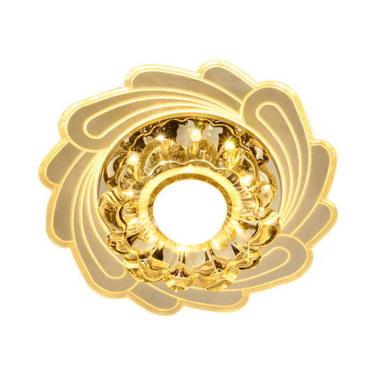 Simplicity LED Floral Crystal Ceiling Light Flush Mount with Spiral Edge, Warm/White/Multi Color Light - White Finish, Perfect for Hallways