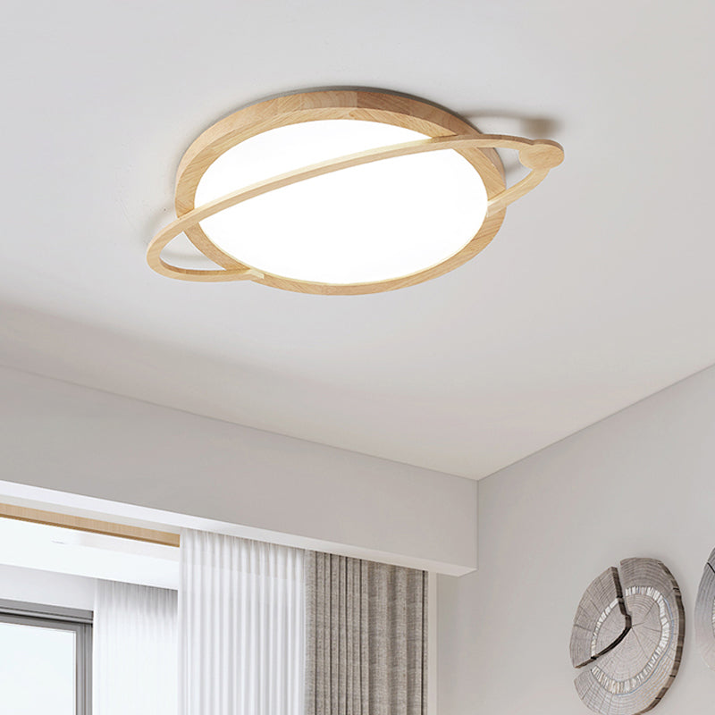 Saturn Flush Mount Kids LED Ceiling Light - Wood Finish, Acrylic Shade - Ideal for Bedrooms