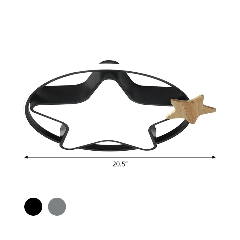 Minimalist Pentagram LED Flushmount Ceiling Lamp for Kids Bedroom in Black/Grey and Wood