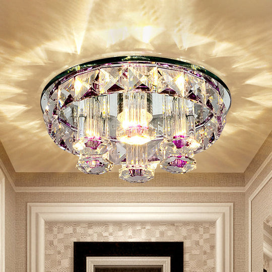Minimal Flush Mount LED Ceiling Light Fixture for Hallway with Clear Prism Crystal and Purple Round Design