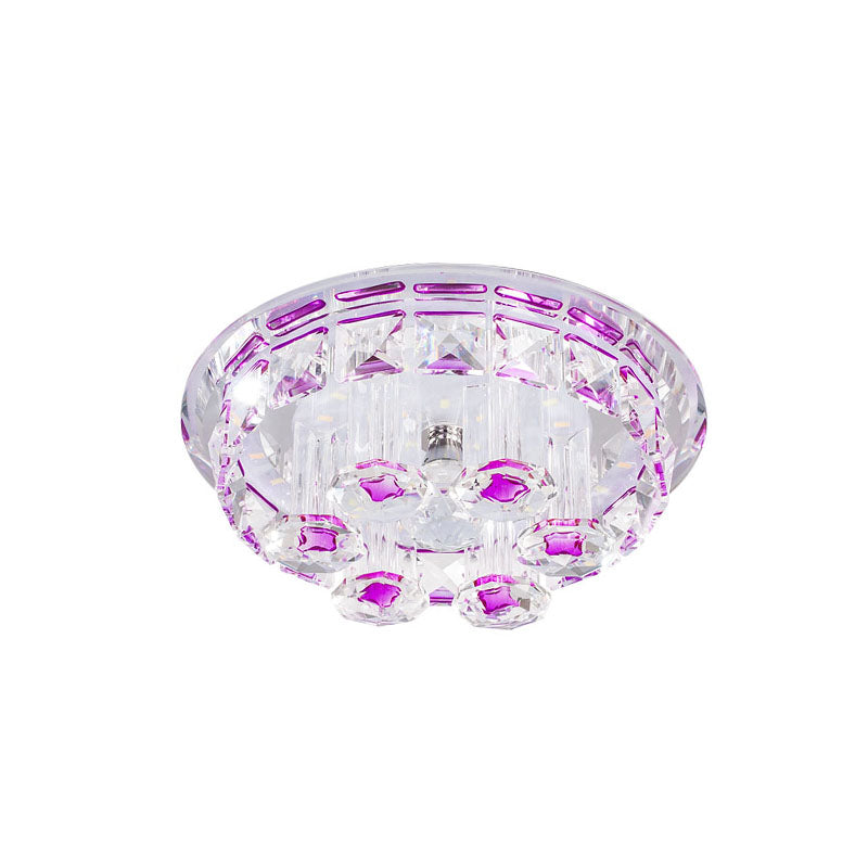Minimal Flush Mount LED Ceiling Light Fixture for Hallway with Clear Prism Crystal and Purple Round Design