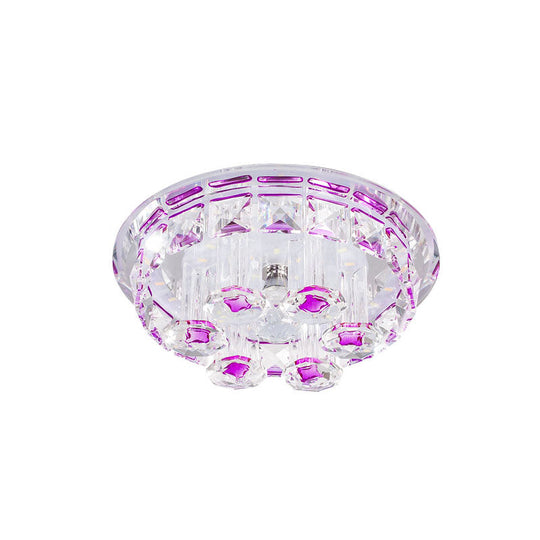 Minimal Flush Mount LED Ceiling Light Fixture for Hallway with Clear Prism Crystal and Purple Round Design