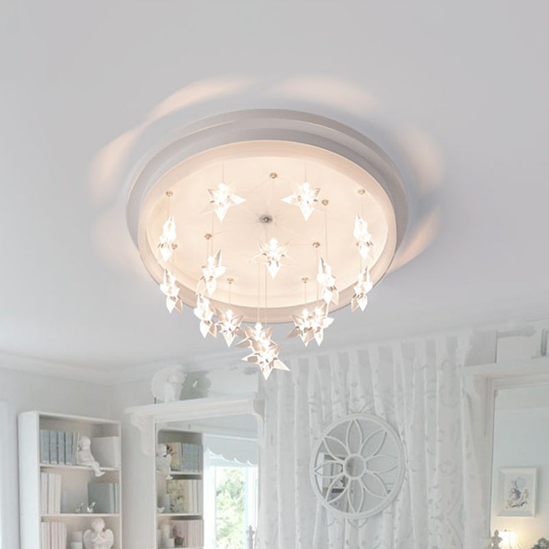 Kids Bedroom LED Ceiling Fixture: Modern Circle Flush Mount Lighting with Star Drape, Warm/White Light