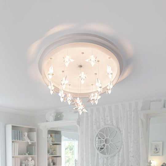 Kids Bedroom LED Ceiling Fixture: Modern Circle Flush Mount Lighting with Star Drape, Warm/White Light