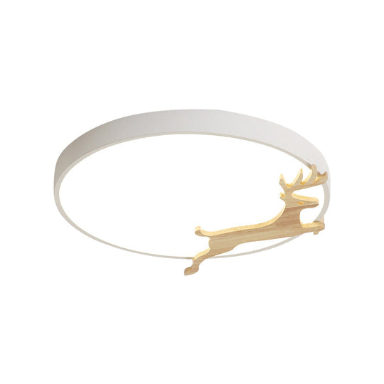 Nordic Style Round Flush Light with Running Deer Pattern - Acrylic, Grey/White/Green & Wood LED Ceiling Lamp