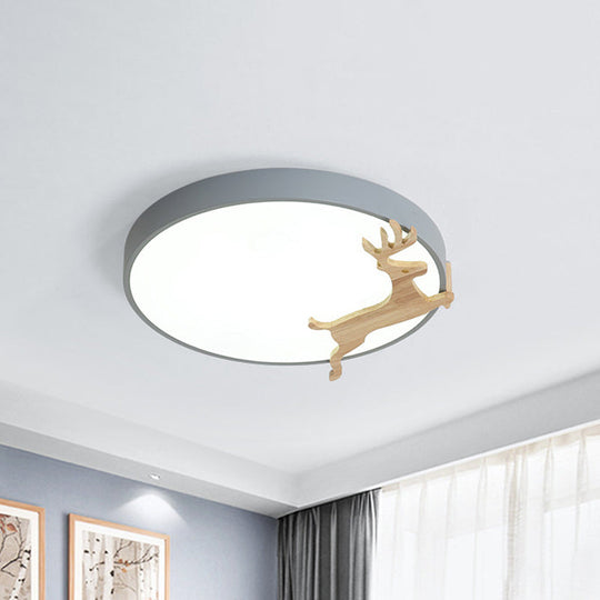 Nordic Style Round Flush Light with Running Deer Pattern - Acrylic, Grey/White/Green & Wood LED Ceiling Lamp