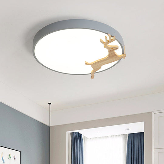 Nordic Style Round Flush Light with Running Deer Pattern - Acrylic, Grey/White/Green & Wood LED Ceiling Lamp