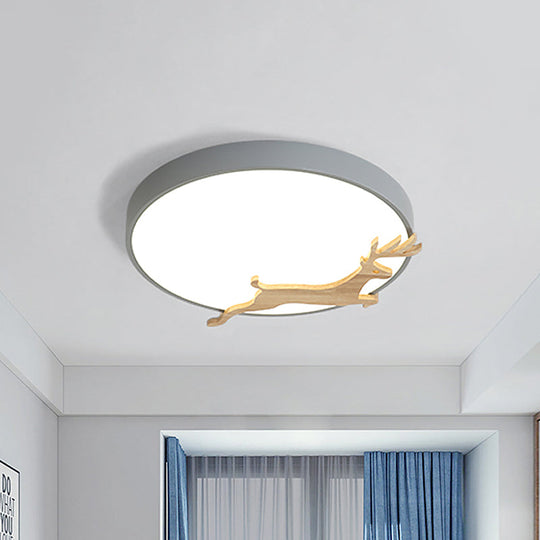 Nordic Style Round Flush Light with Running Deer Pattern - Acrylic, Grey/White/Green & Wood LED Ceiling Lamp