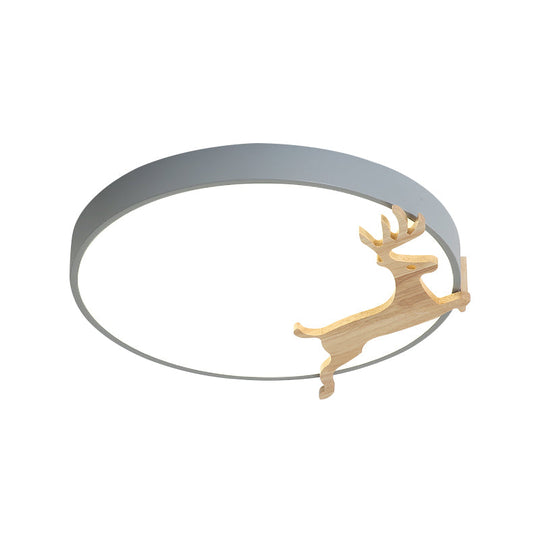 Nordic Style Round Flush Light with Running Deer Pattern - Acrylic, Grey/White/Green & Wood LED Ceiling Lamp