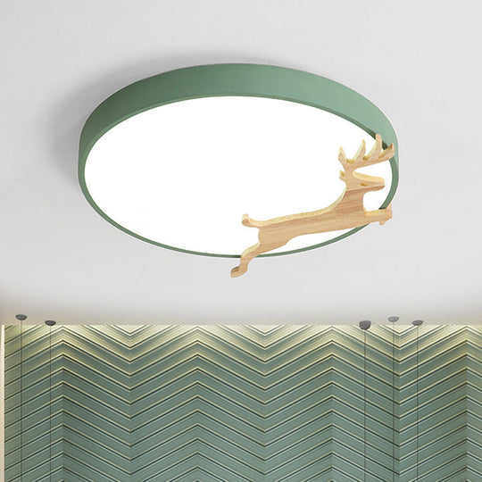 Nordic Style Round Flush Light with Running Deer Pattern - Acrylic, Grey/White/Green & Wood LED Ceiling Lamp