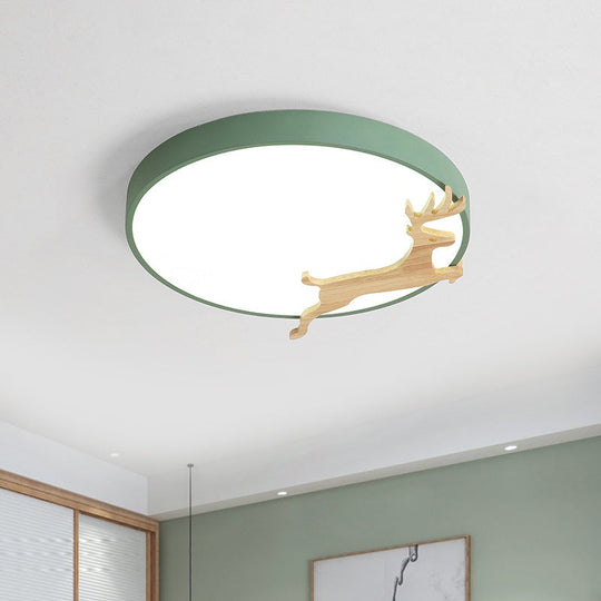 Nordic Style Round Flush Light with Running Deer Pattern - Acrylic, Grey/White/Green & Wood LED Ceiling Lamp