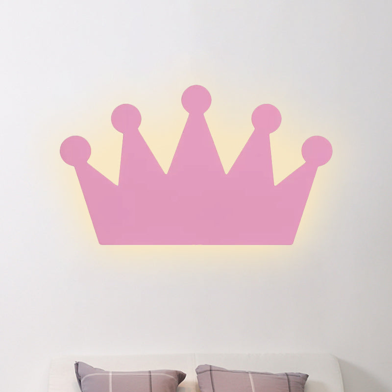 Cartoon LED Wall Sconce for Kids' Bedroom - Wooden Crown Design in Yellow/Pink