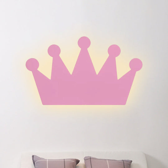 Cartoon LED Wall Sconce for Kids' Bedroom - Wooden Crown Design in Yellow/Pink