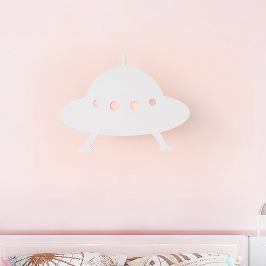 Wooden UFO Kids LED Wall Light with Remote - White Sconce for Child Bedside