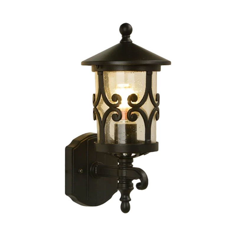 Classic Lantern Clear Bubble/Crackle Glass Sconce Light - 1-Light Wall Lighting for Courtyard - Dark Coffee Finish