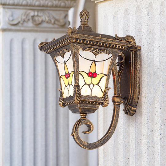 Scrolled Arm Bronze Rust Red Wall Mounted Sconce with Flower Pattern – Country Metal Light for Courtyard