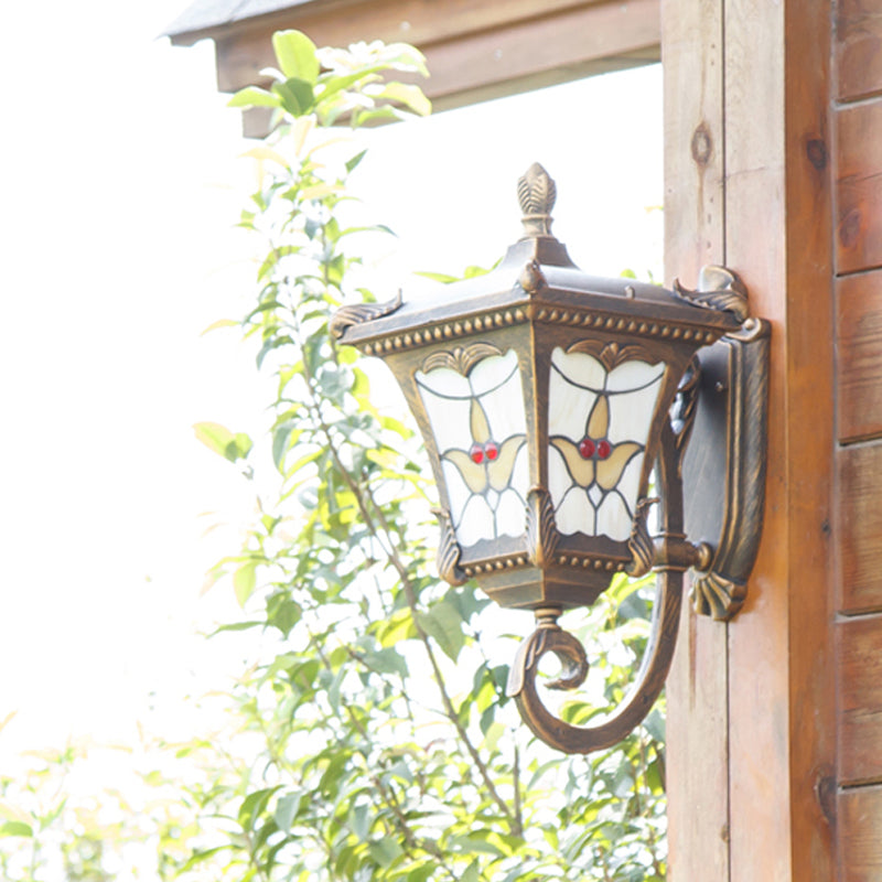 Scrolled Arm Bronze Rust Red Wall Mounted Sconce with Flower Pattern – Country Metal Light for Courtyard