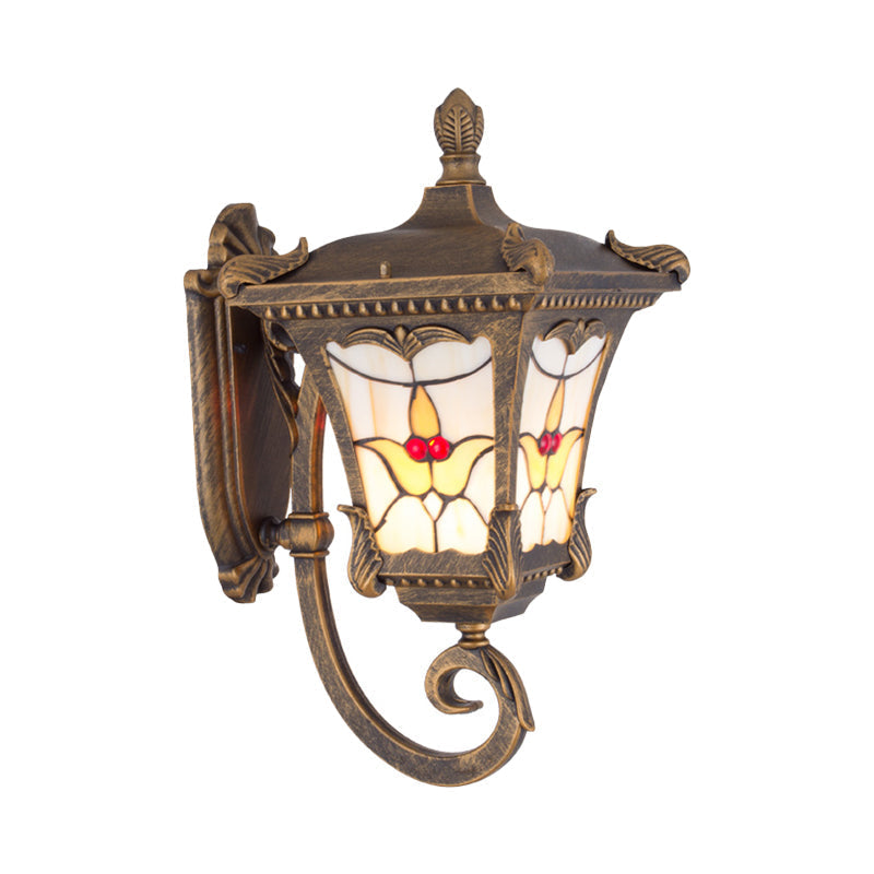 Scrolled Arm Bronze Rust Red Wall Mounted Sconce with Flower Pattern – Country Metal Light for Courtyard
