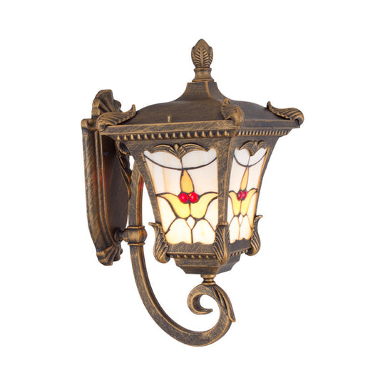Scrolled Arm Bronze Rust Red Wall Mounted Sconce with Flower Pattern – Country Metal Light for Courtyard