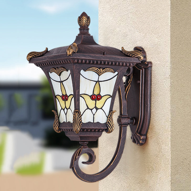 Scrolled Arm Bronze Rust Red Wall Mounted Sconce with Flower Pattern – Country Metal Light for Courtyard