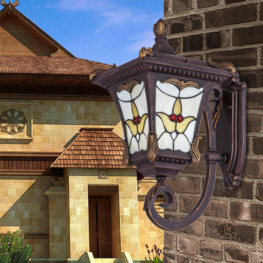 Scrolled Arm Bronze Rust Red Wall Mounted Sconce with Flower Pattern – Country Metal Light for Courtyard