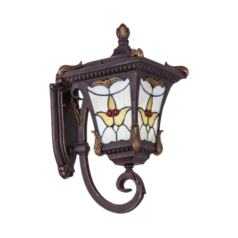 Scrolled Arm Bronze Rust Red Wall Mounted Sconce with Flower Pattern – Country Metal Light for Courtyard