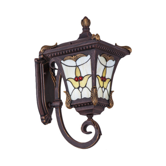 Scrolled Arm Bronze Rust Red Wall Mounted Sconce with Flower Pattern – Country Metal Light for Courtyard