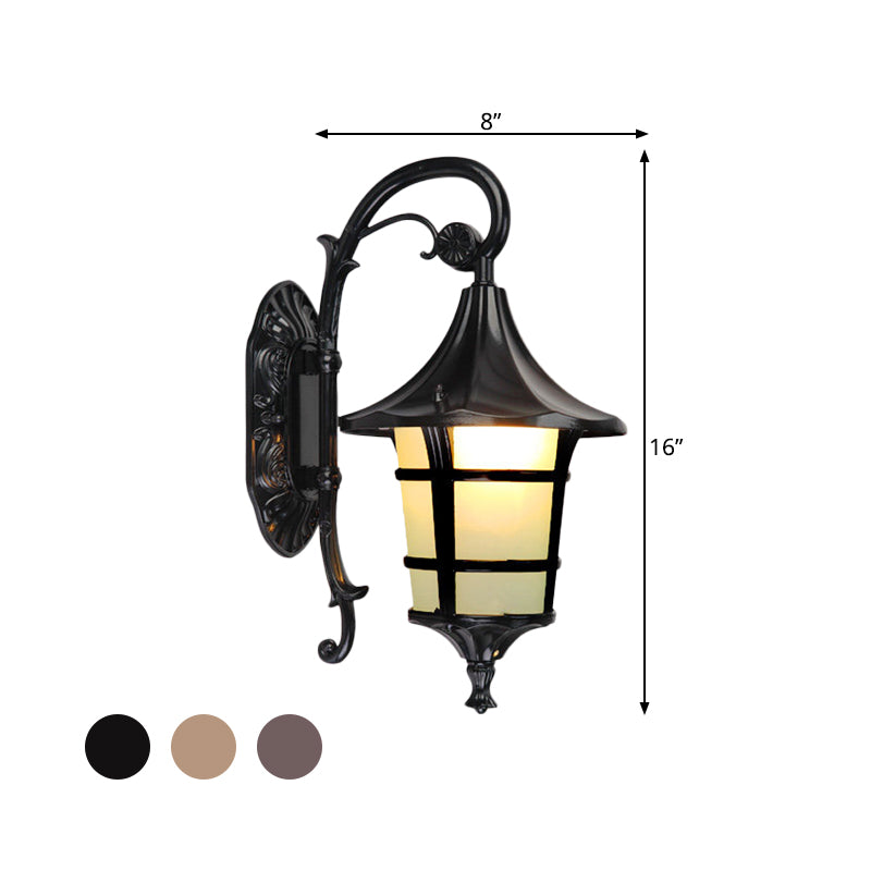 Curved Arm 1-Light Metal Sconce with White Glass Shade - Lodge Style Design in Black/Coffee/Bronze Finish