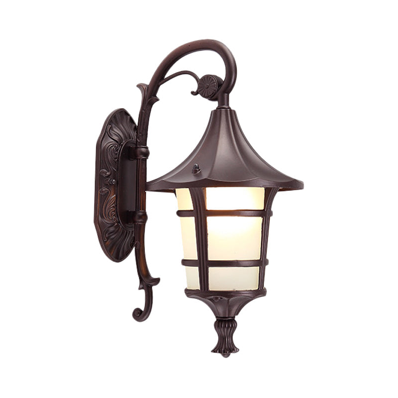Curved Arm 1-Light Metal Sconce with White Glass Shade - Lodge Style Design in Black/Coffee/Bronze Finish