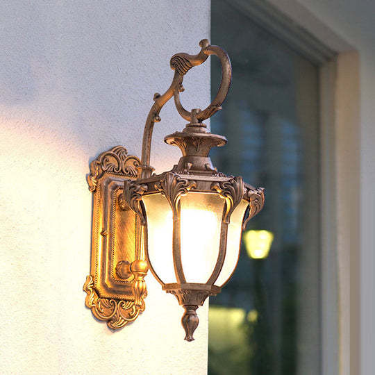 Rustic Scrolled Arm Wall Lighting - Black/Bronze Courtyard Lamp with Urn Frosted Glass Shade
