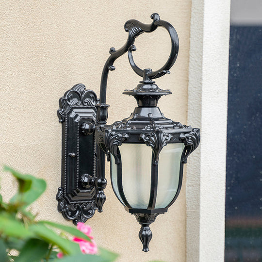 Rustic Scrolled Arm Wall Lighting - Black/Bronze Courtyard Lamp with Urn Frosted Glass Shade