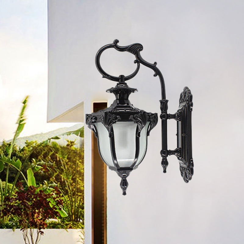Rustic Scrolled Arm Wall Lighting - Black/Bronze Courtyard Lamp with Urn Frosted Glass Shade