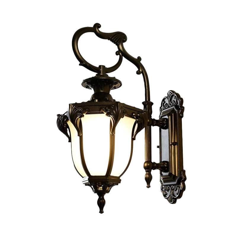 Rustic Scrolled Arm Wall Lighting - Black/Bronze Courtyard Lamp with Urn Frosted Glass Shade