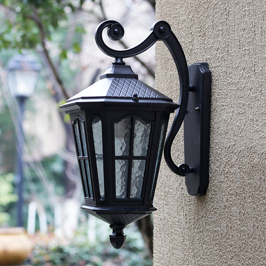 Black Outdoor Wall Mount Lantern Sconce with Clear Water Glass Shade - 1-Head Country Style Lamp