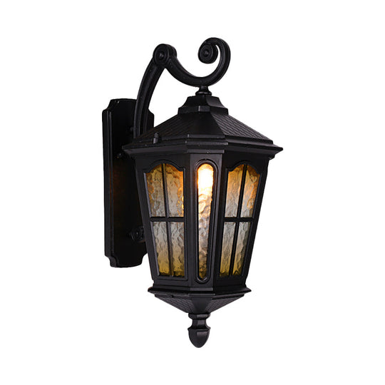 Black Outdoor Wall Mount Lantern Sconce with Clear Water Glass Shade - 1-Head Country Style Lamp