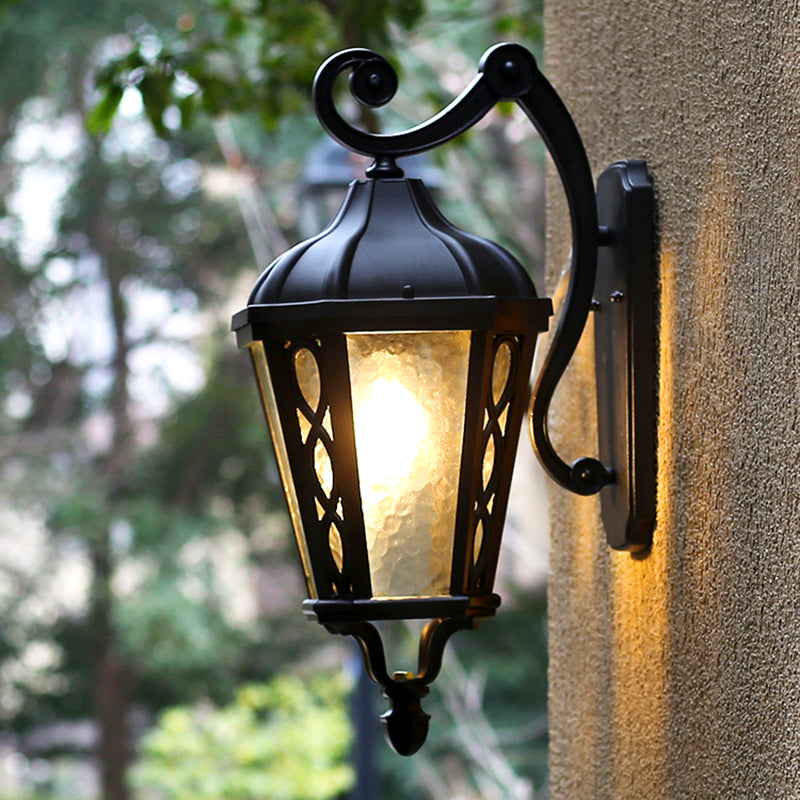 Black Outdoor Wall Mount Lantern Sconce with Clear Water Glass Shade - 1-Head Country Style Lamp