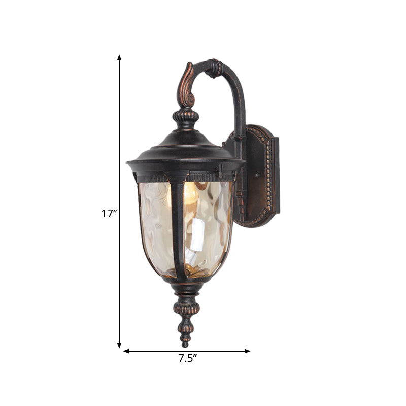 Farmhouse Clear Dimple Glass Wall Lamp - 1 Light Courtyard Wall Lighting in Black with Curved Arm