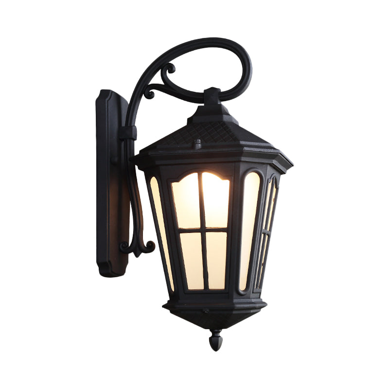 Lodge Style 1-Light Lantern Wall Sconce - White Glass - Textured Black/Coffee Finish