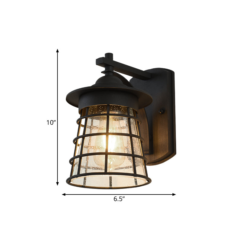 Clear Ripple Glass Wall Sconce - Conical Yard Light - Black Finish - Wall Mounted Lamp with Cage - Cottage Design