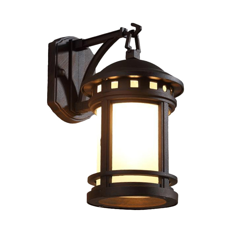 Country Style Black/Coffee Wall Lamp with Glass Cylinder for Courtyard - 1 Bulb Mounted Lighting