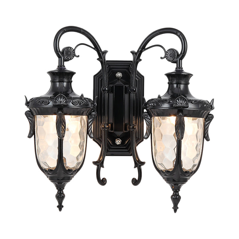 Farmhouse Style Wall Sconce with Dimpled Glass Shade and Scrolled Arms - Iron Black/Bronze, 2 Lights