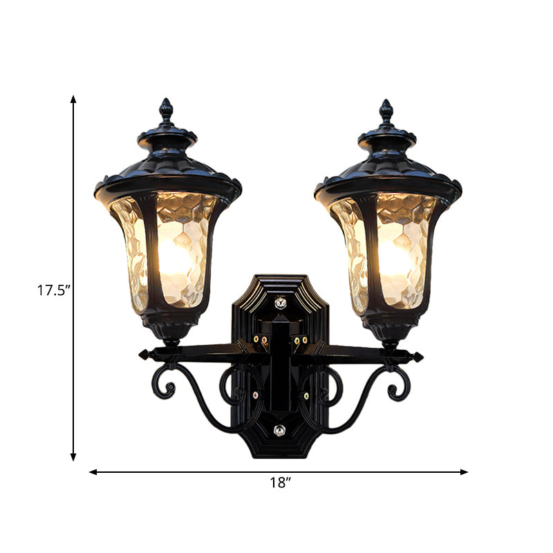 Traditional Urn-Shade Clear Dimple Glass Sconce Lamp - 2 Bulbs Wall Mount Light in Black