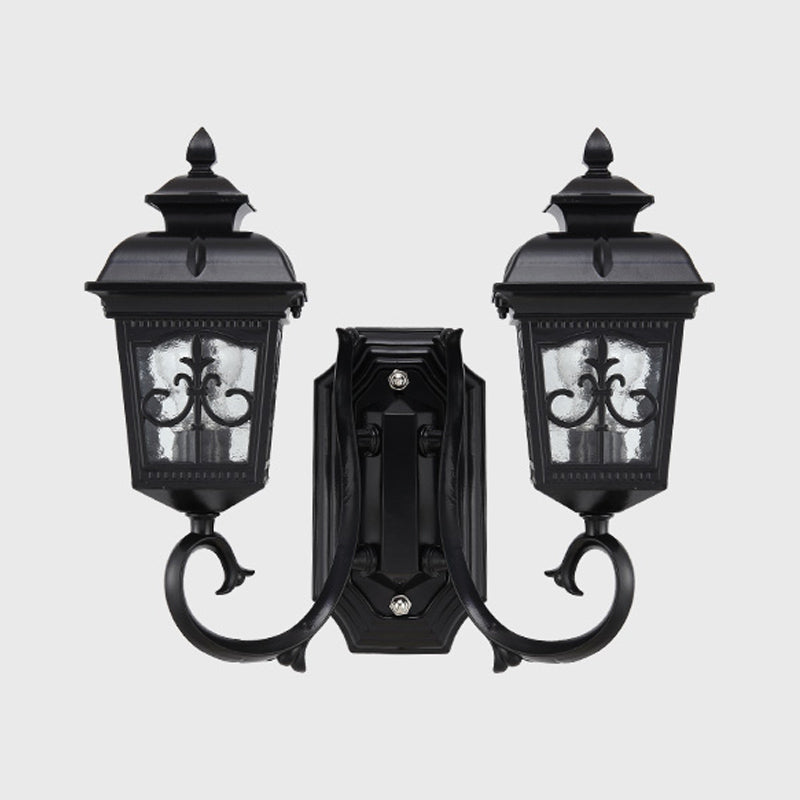 Vintage Black Lantern Wall Mount Lighting with Clear Glass - Curved Arm Design, 2 Bulbs
