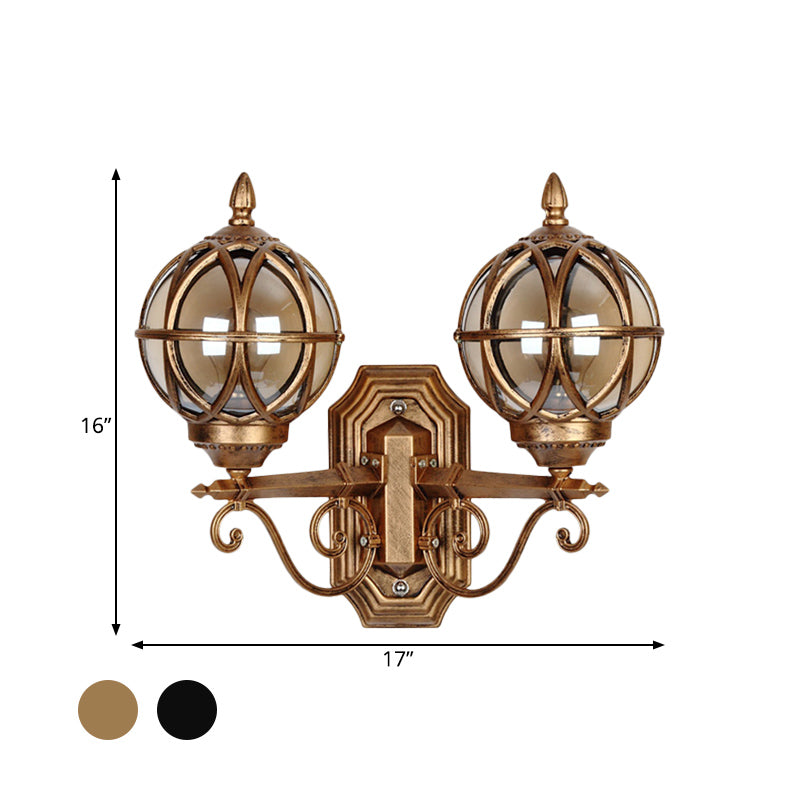 Country Style Black/Bronze Spherical Wall Lighting with Amber Glass - 2-Bulb Patio Surface Wall Sconce
