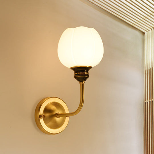 Gold Antique Sconce Light Fixture with Milky Glass Bud - Wall Mounted Lamp for Living Room