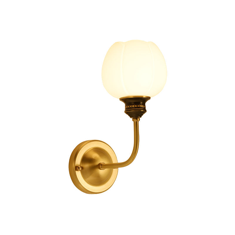 Gold Antique Sconce Light Fixture with Milky Glass Bud - Wall Mounted Lamp for Living Room